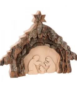 Crèche De Noël 13 Cm, Taillee Dans Une Ecorce De Bois, Motif Etable