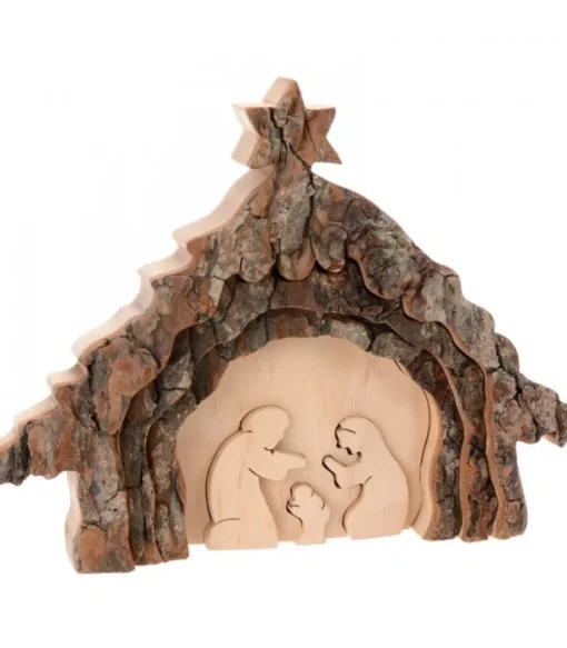 Crèche De Noël 13 Cm, Taillee Dans Une Ecorce De Bois, Motif Etable