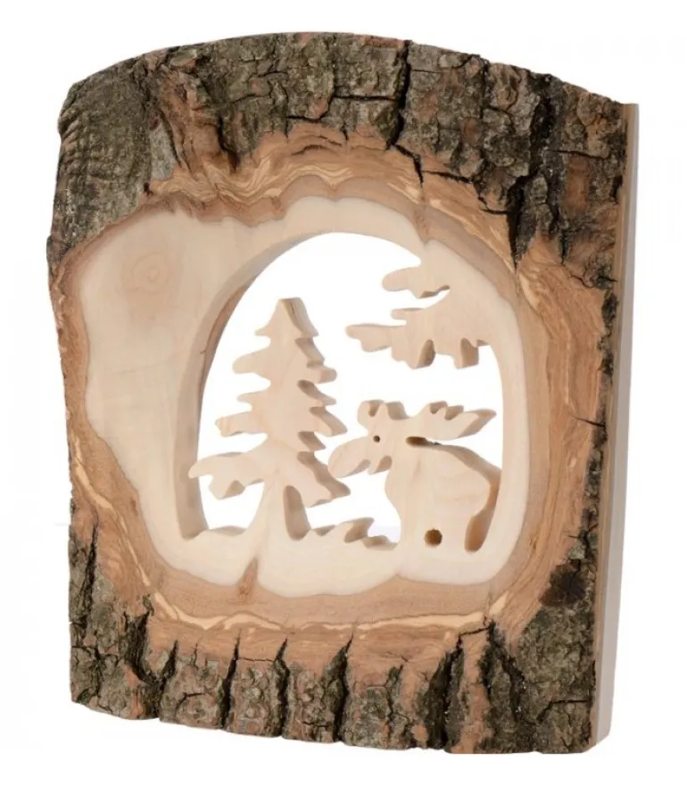 Déco Bois En Ecorce, Motif Elan Dans La Foret, 18 Cm
