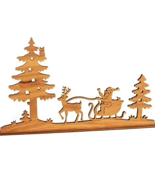 Diorama En Placage D'Olivier, Père Noël En Traineau Dans La Foret,12 Cm