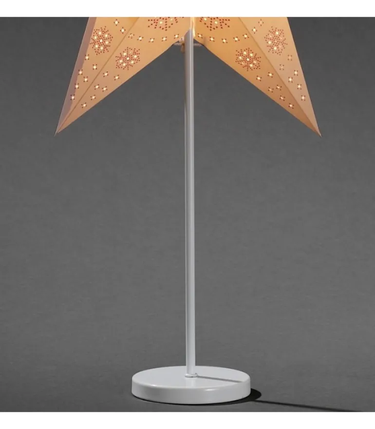 Etoile Lumineuse Electrique 5 Branches En Papier, Blanche, Sur Pied Blanc, 46 Cm