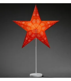 Etoile Lumineuse Electrique 5 Branches En Papier, Rouge, Sur Pied Blanc, 46 Cm
