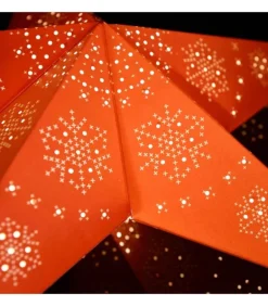 Etoile Lumineuse Electrique 5 Branches En Papier, Rouge, Sur Pied Blanc, 46 Cm