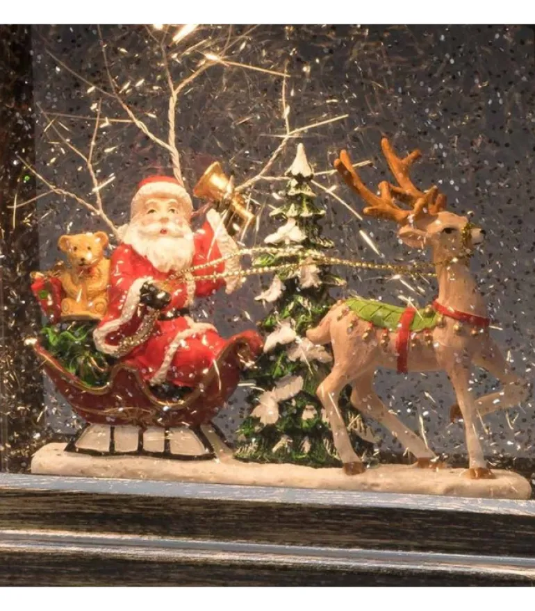Lanterne À Neige A Led Avec Père Noël Dans Son Traineau, 25 Cm