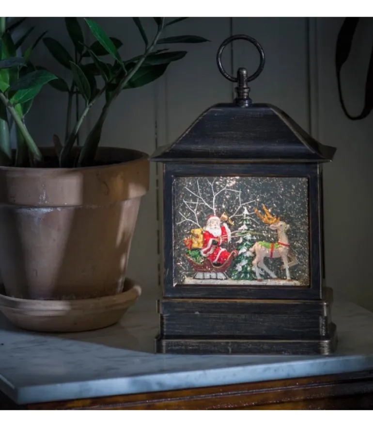 Lanterne À Neige A Led Avec Père Noël Dans Son Traineau, 25 Cm