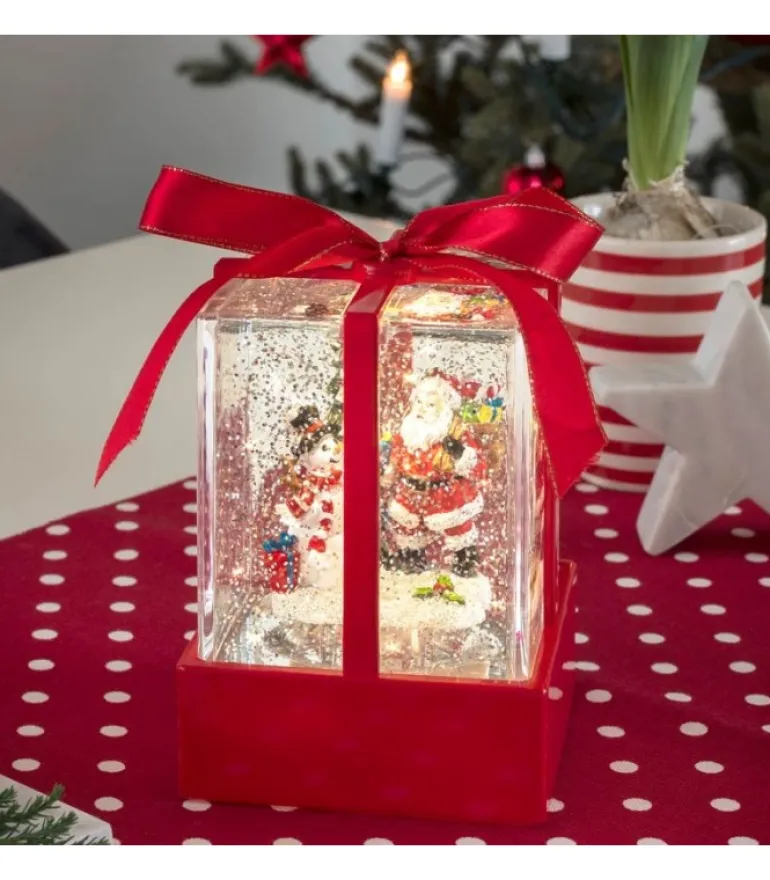 Lanterne À Neige "Cadeau De Noël" Avec Père Noël & Bonhomme De Neige