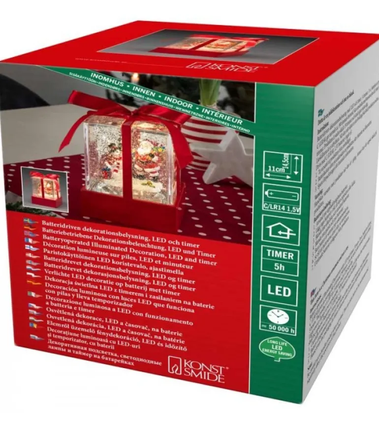 Lanterne À Neige "Cadeau De Noël" Avec Père Noël & Bonhomme De Neige