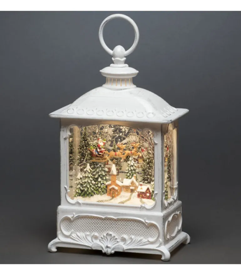 Lanterne De Noël Blanche, Père Noël Volant Au-Dessus D'Un Village