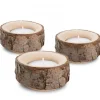 Lot De 3 Bougeoirs En Bois Avec Ecorce, 9 Cm