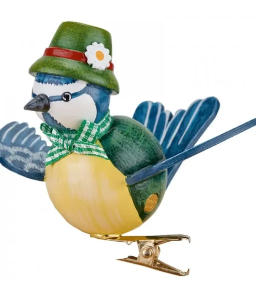 Oiseau Décoratif, Mesange Bleue Et Noeud Vert, 6 Cm