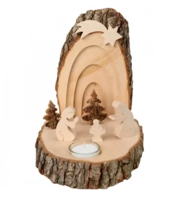 Petite Crèche De Noël En Ecorce De Bois Avec Sapins Et Bougeoir