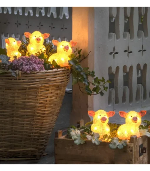Petits Cochons Roses Lumineux En Acrylique Led 12,5 Cm, Lot De 5