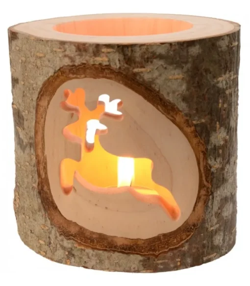 Photophore En Bois Avec 2 Motifs En Bois Cisele, Renne