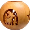 Photophore En Bois Forme Spherique, Motif Cerf En Foret