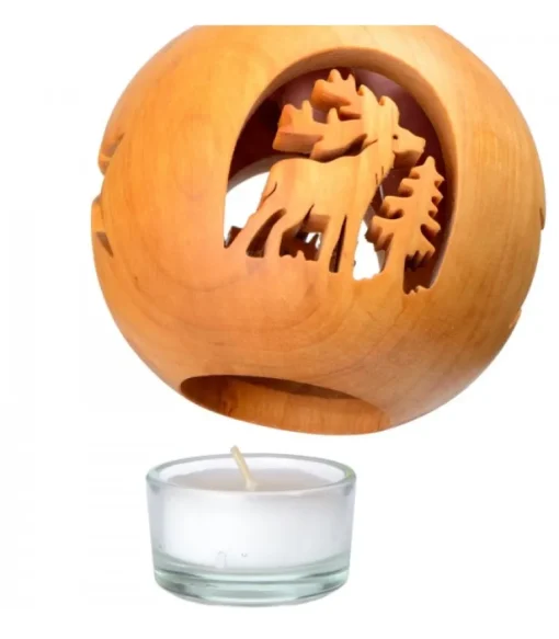 Photophore En Bois Forme Spherique, Motif Cerf En Foret
