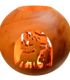 Photophore En Bois Forme Spherique, Motif Cerf En Foret