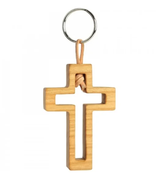 Porte Clef En Bois De Cerisier Avec Croix Découpee, 5 Cm