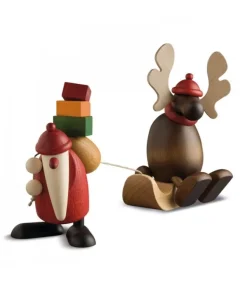 Père Noël En Bois Avec Elan Sur Luge